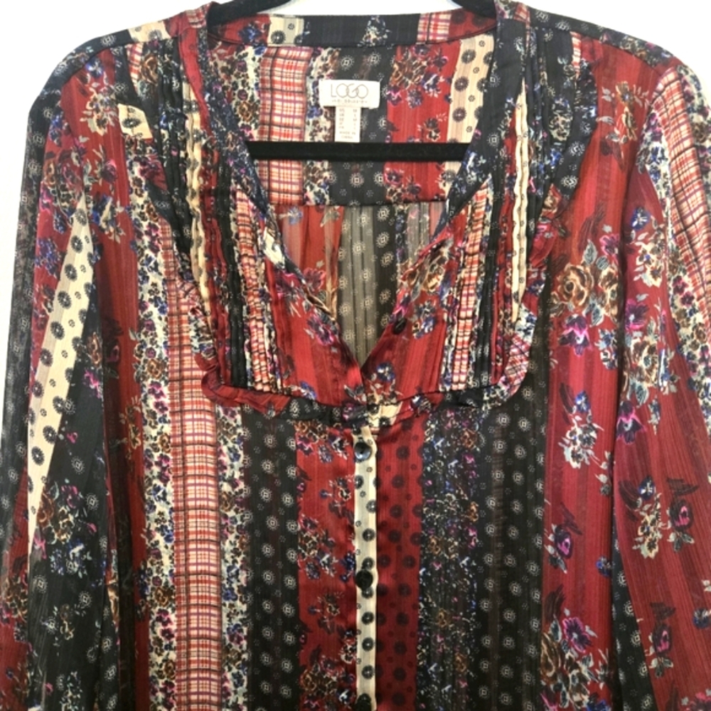 LOGO Lagonlook Shear Hi-Low Button Down Tunic Print Blouse - Picture 4 of 9